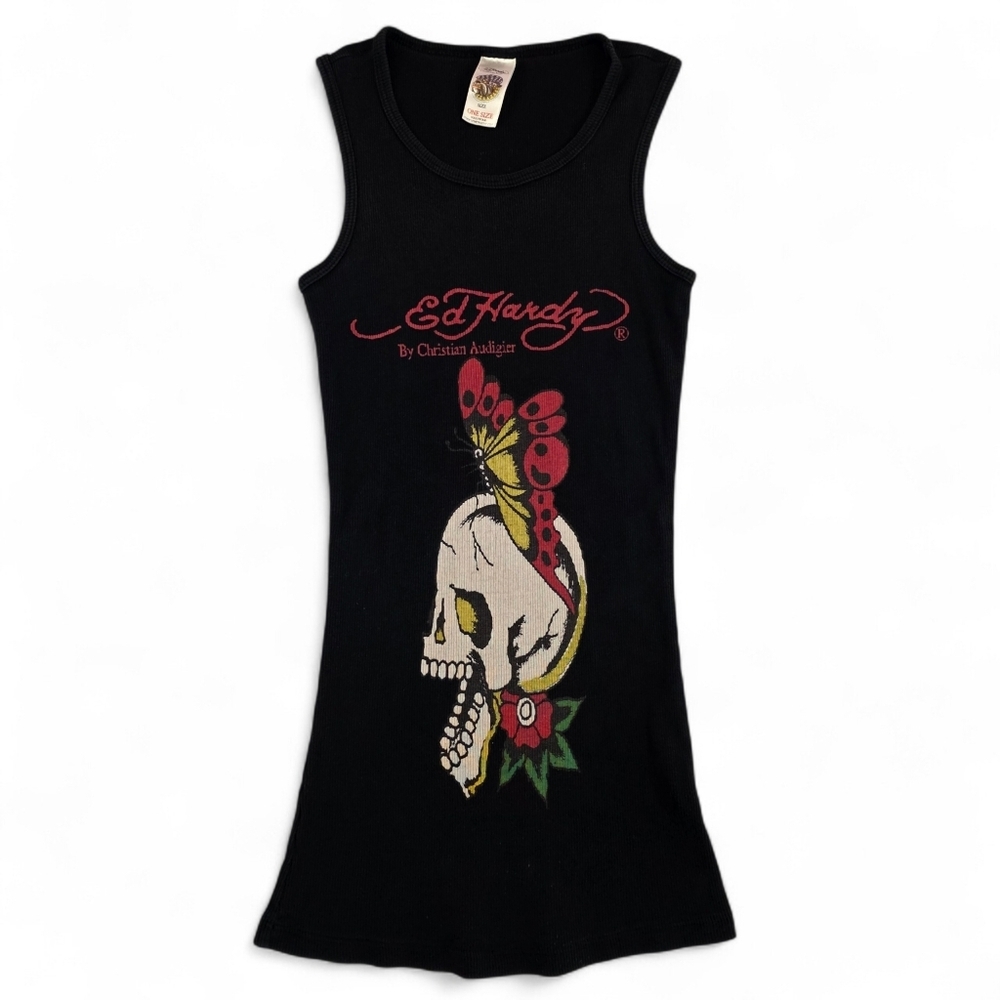 Y2K Ed Hardy Skull Butterfly Graphic Ribbed Tank Top Grunge Alt Punk Goth OS USA